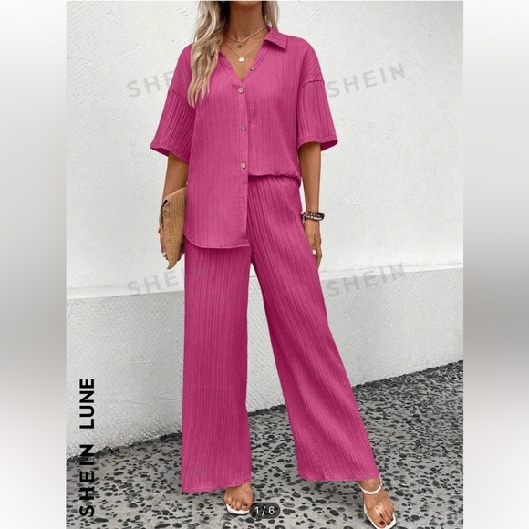 Pink matching set with pants & button up - Picture 1 of 3